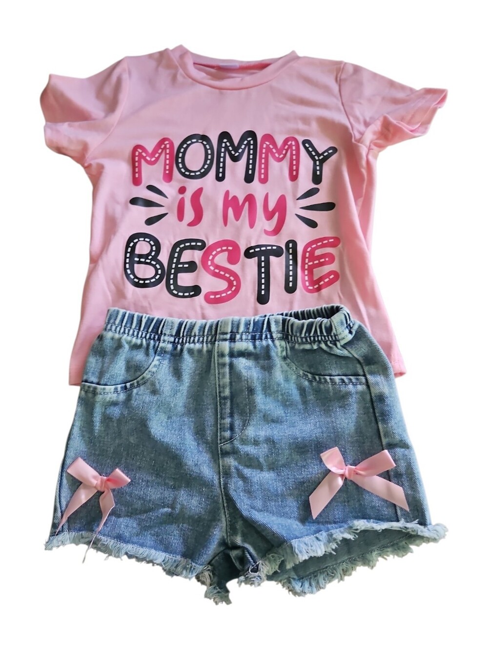 Kids Pink 'Mommy Is My Bestie' Top and Denim Shorts Set